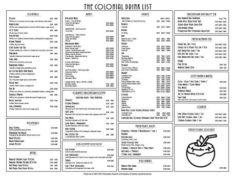 The Colonial Drink list