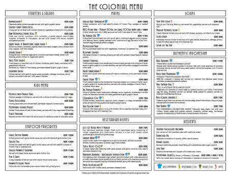 The Colonial Food Menu list